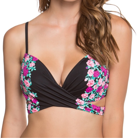 Betsy Johnson Black Ballerina Rose Molded Bump Me Up Bikini Top Size S - Picture 1 of 4